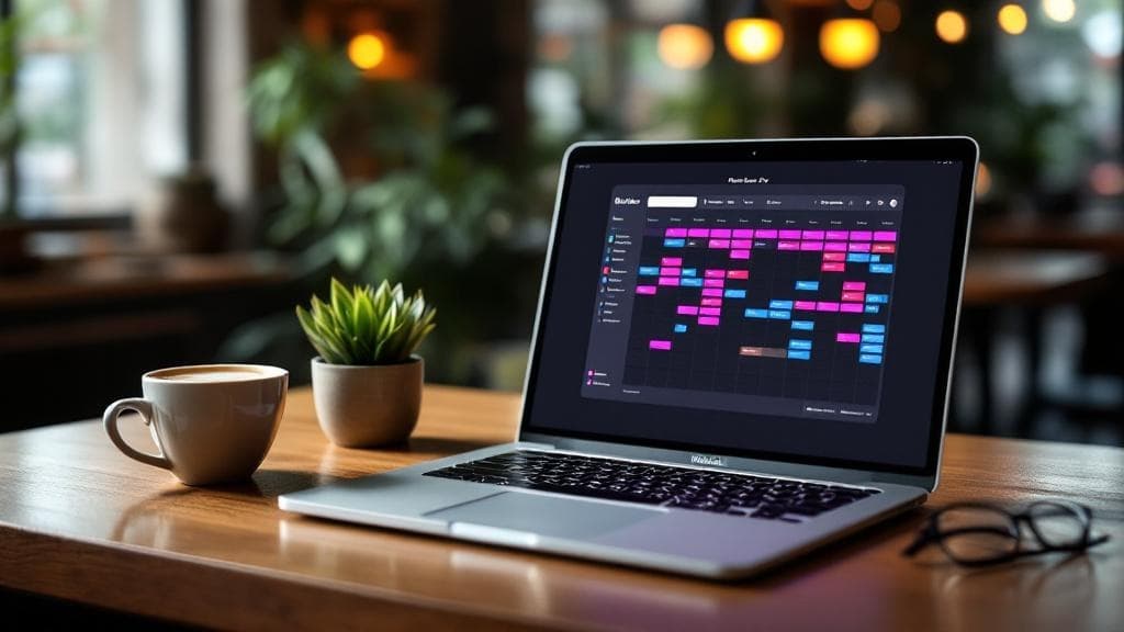 MacBook on a cafe table showing the Rosie roster grid