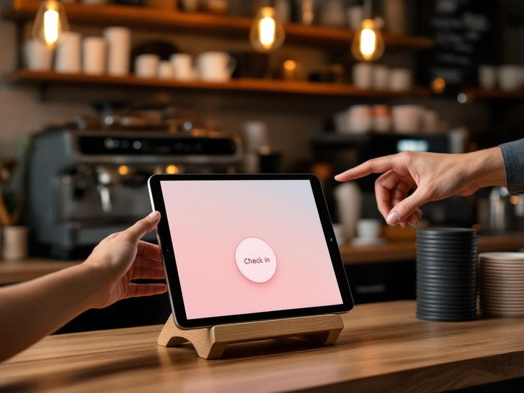 iPad kiosk on a cafe counter showing the Rosie time clock