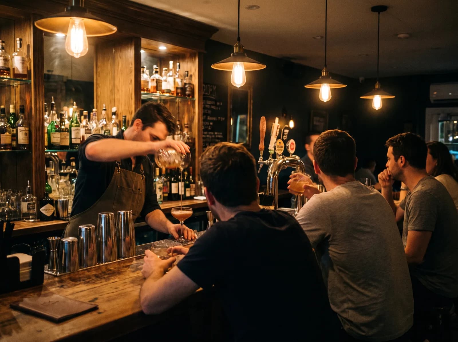 A neighbourhood bar during evening service, bottles lit behind the counter.