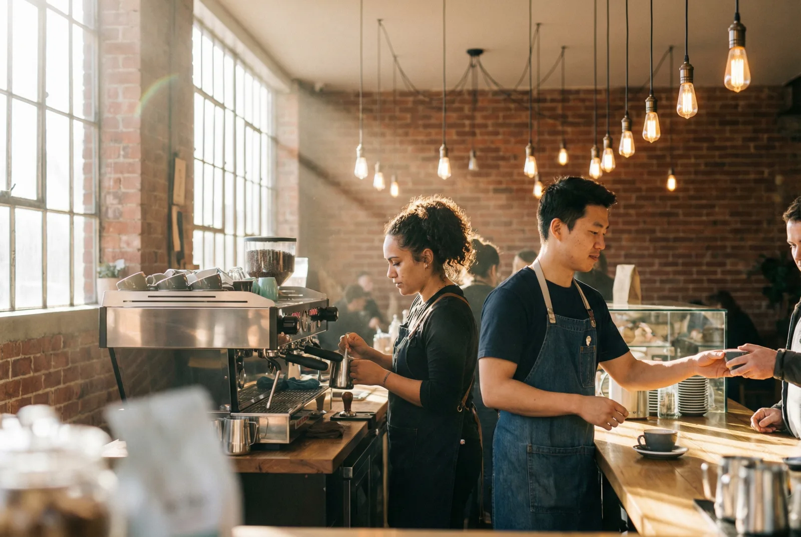 A café counter mid-service, a barista working the machine under warm pendant lights.