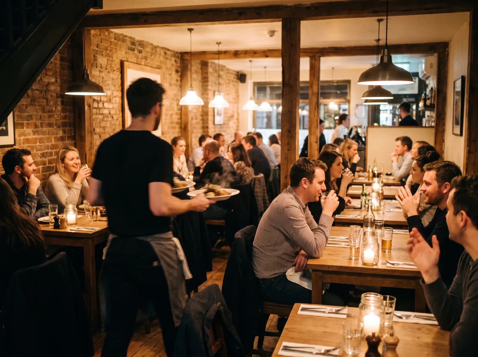 A small restaurant dining room during evening service, tables occupied.